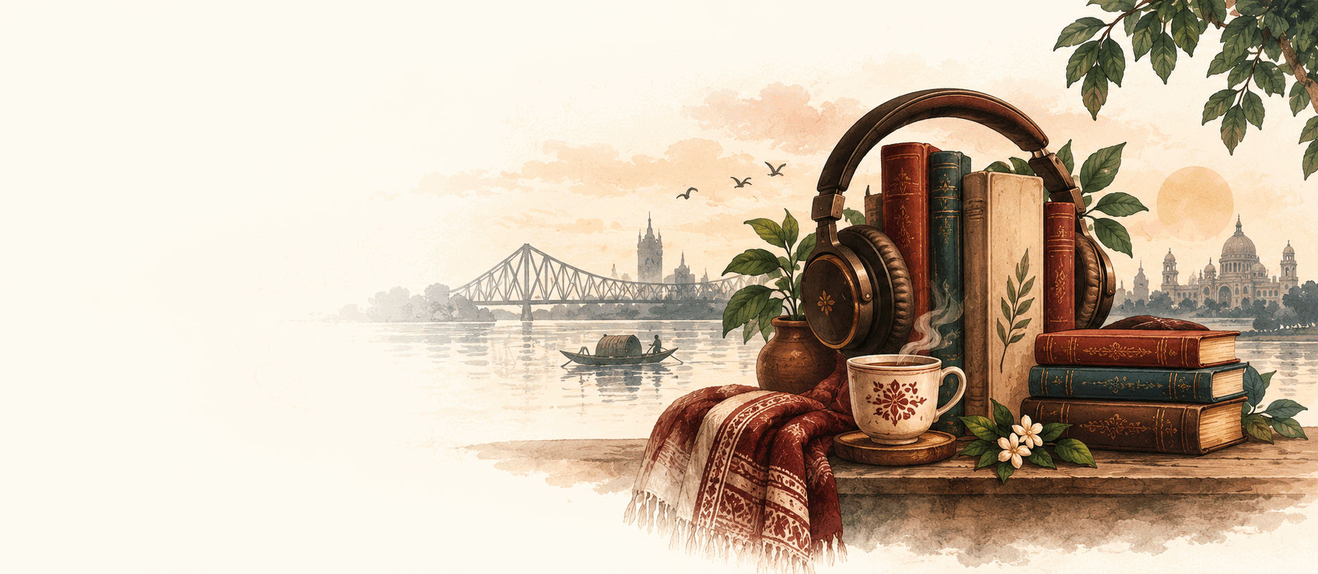 Bengali books and headphones beside a cup of tea, with Kolkata across the river